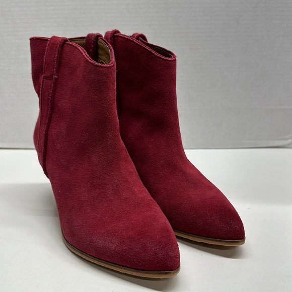 Frye Marley Ankle Boot Heeled Bootie Pull Tab Suede Shoes Raspberry Red Size 8 - Picture 3 of 9